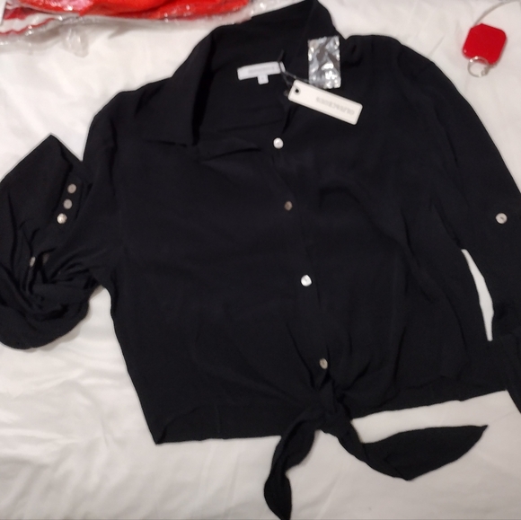 NWT🔥 Anthropologie Olivaceous Lightweight Tie-front Opaque Blouse Size Large - Picture 5 of 9